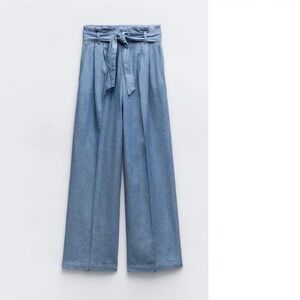 Zara Size Medium Linen-Like Paper Bag Pants, Blue